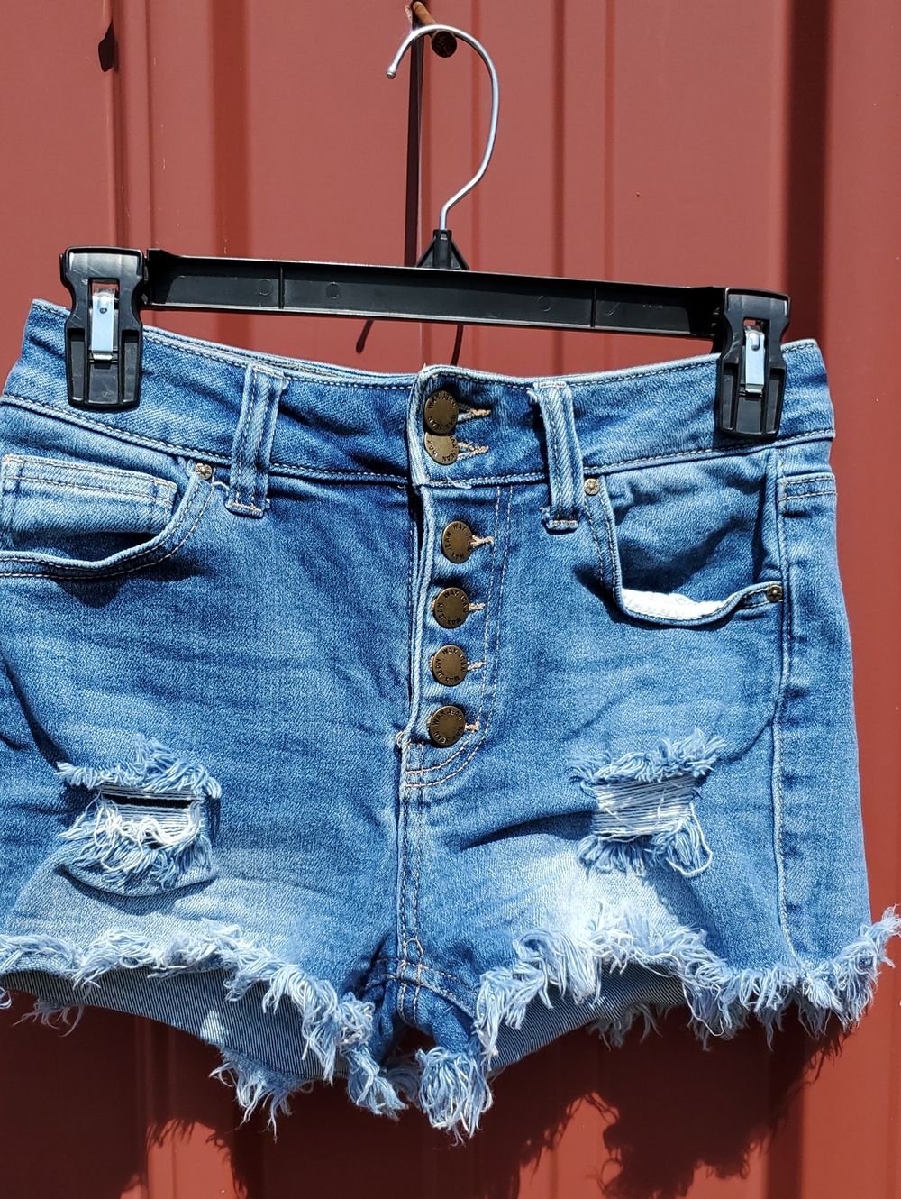 Wax Jean Light Blue Distressed High-Rise Button-Fly Shorts